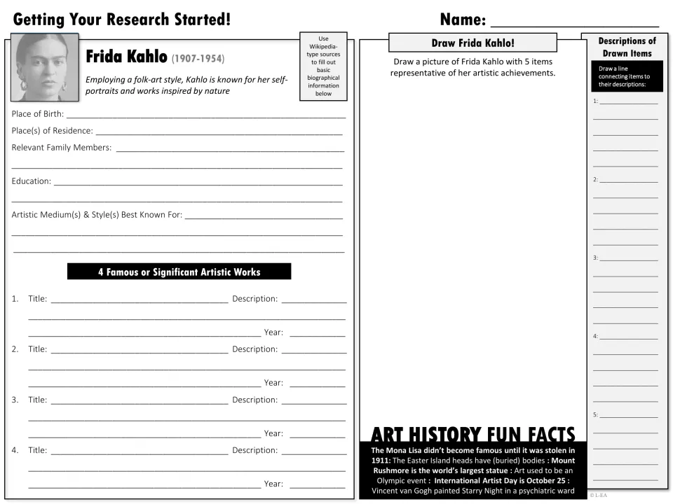 Black-and-white research starter: students fill in Kahlo's biography and artworks, then sketch her and label 5 drawn items