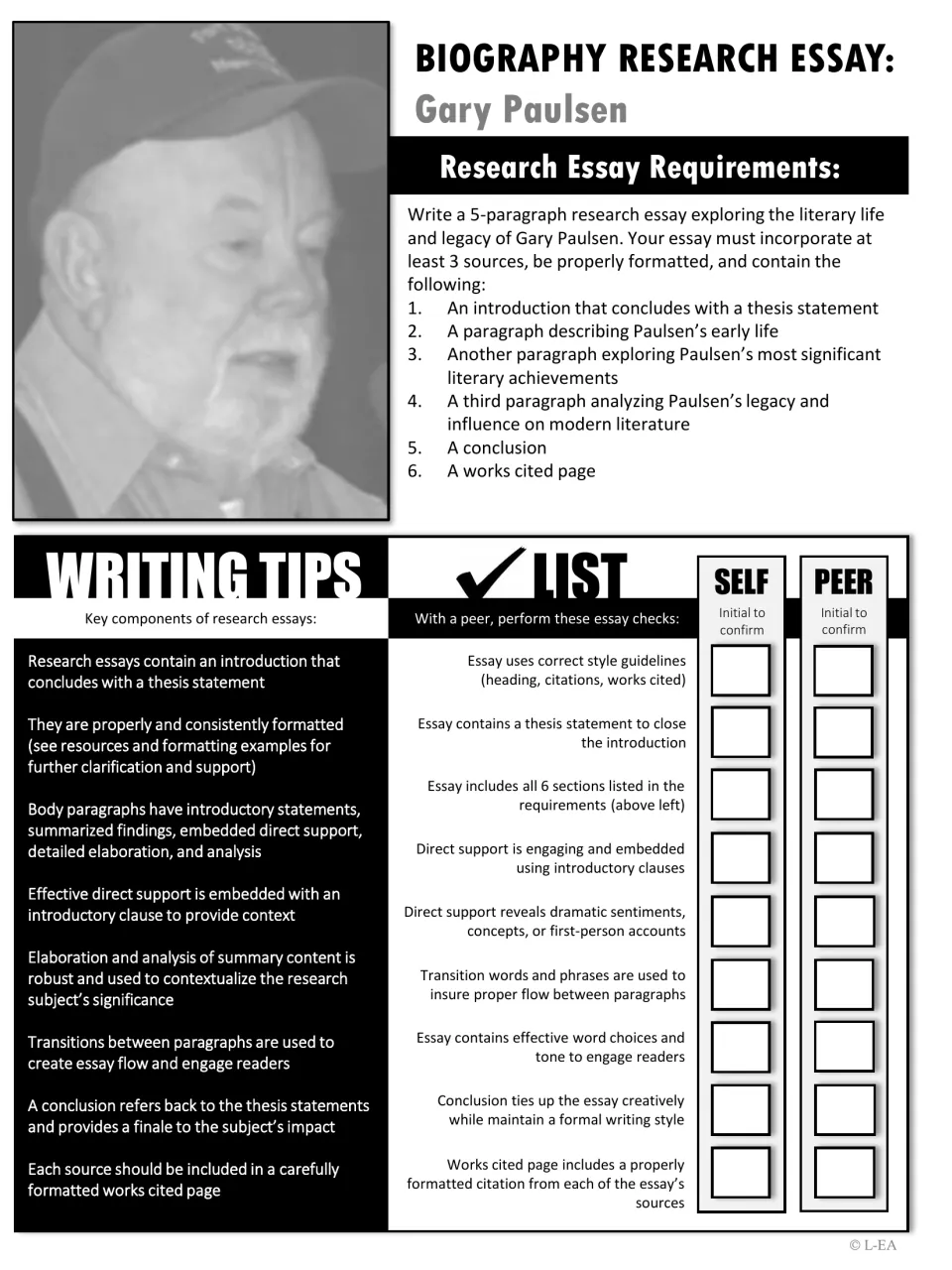 Grayscale Paulsen research essay requirements with writing tips and a checklist students and peers initial to confirm