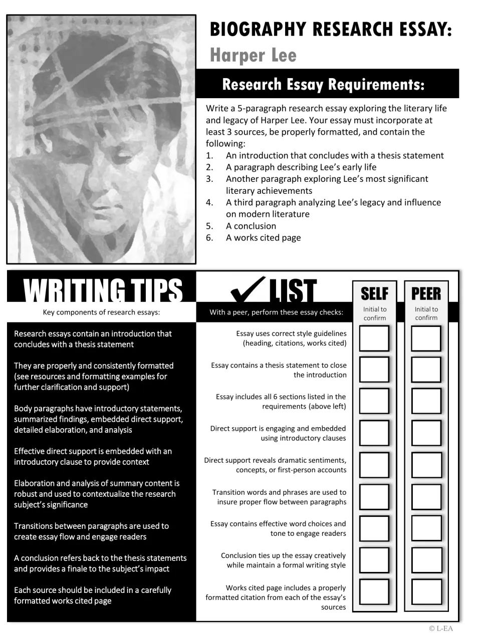 Black-and-white Lee biography essay requirements with writing tips and a self and peer checklist to initial