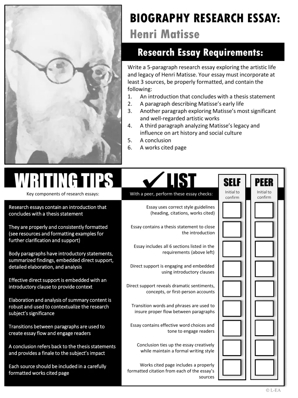 Black-and-white Henri Matisse essay directions require five paragraphs, three sources, and a works cited page