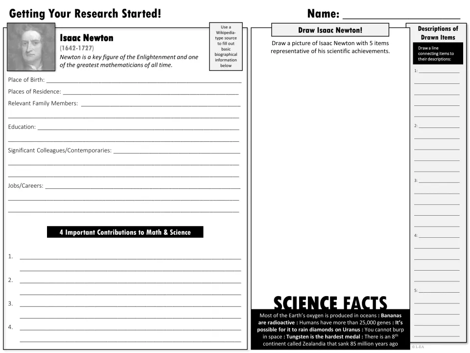 Black-and-white Isaac Newton research starter for life facts, four contributions, and a five-item drawing