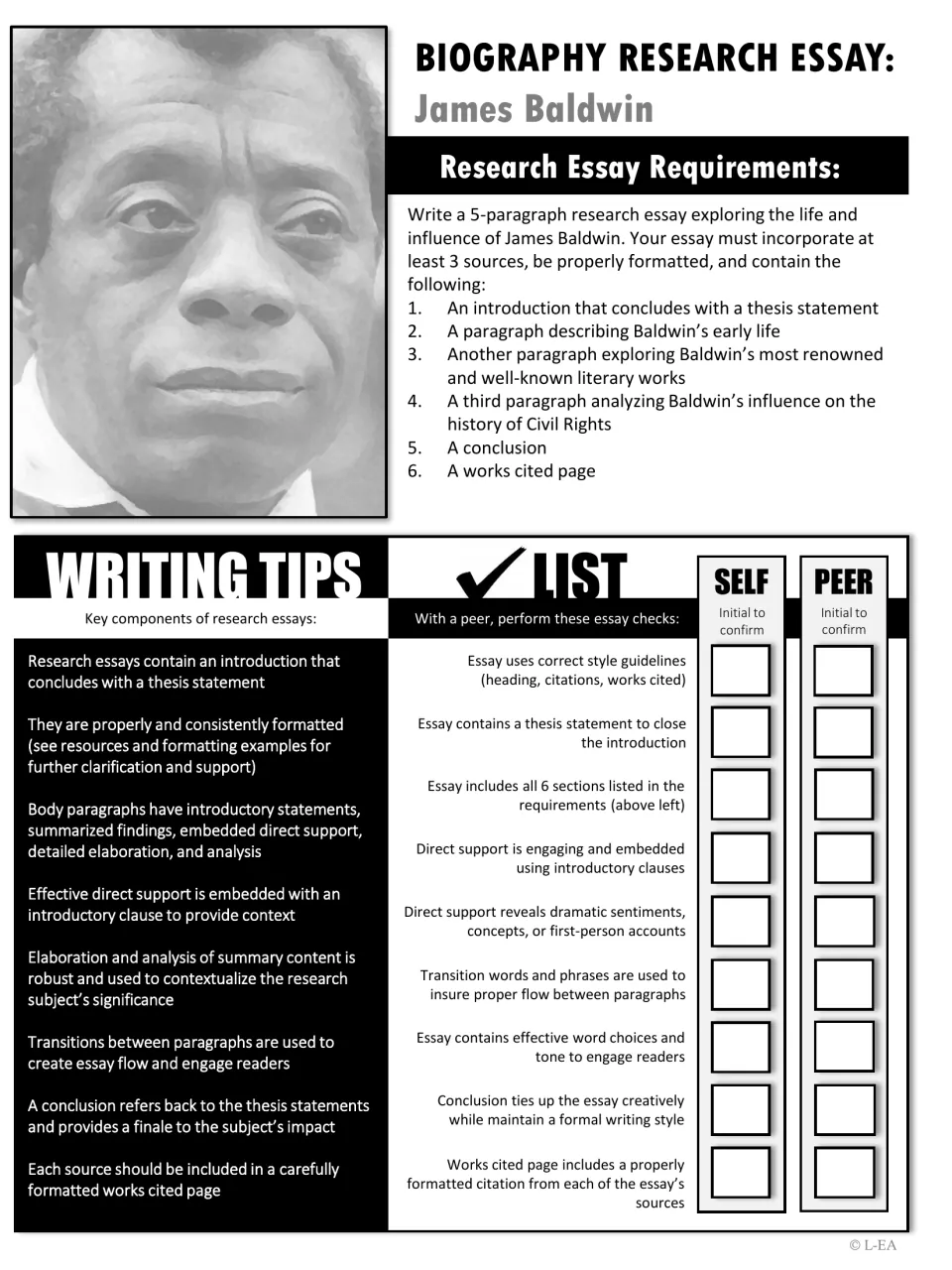 Grayscale copy of the Baldwin essay requirements, writing tips and self/peer checklist beside a black-and-white portrait