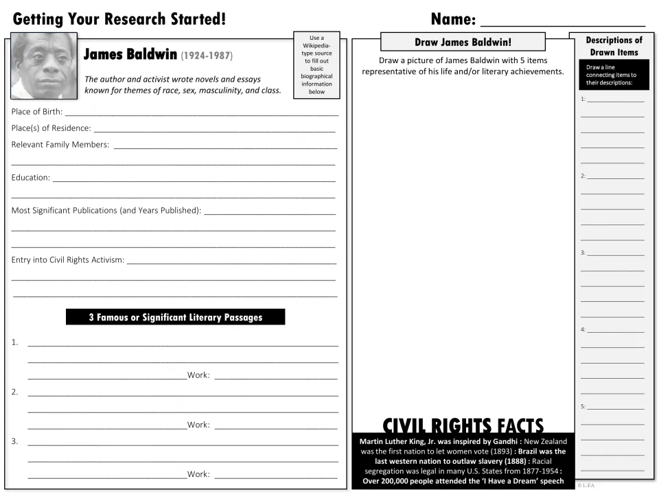 Grayscale research starter on Baldwin (1924-1987): biographical fields, three passages, a drawing task, civil rights facts