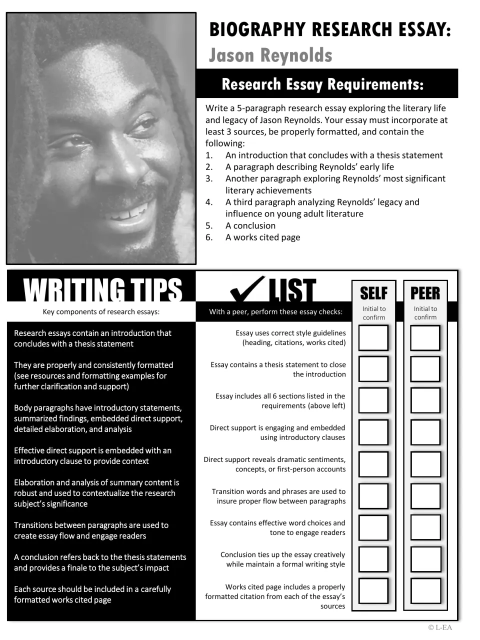Black-and-white version of the biography essay requirements with the writing tips list and self and peer essay checks
