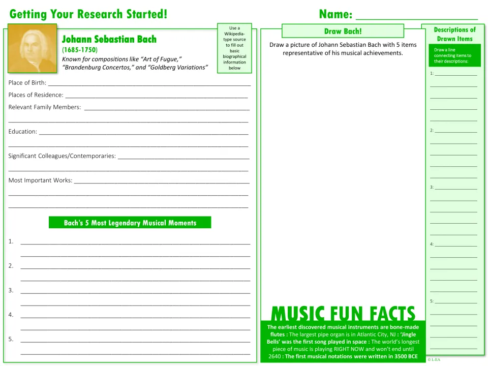 Bach research starter: students record birthplace, family, education and key works, list 5 musical moments and draw Bach