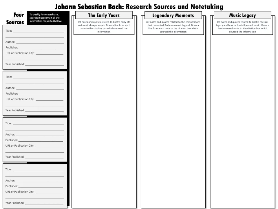 Grayscale Bach sources and notes organizer: cite four sources, then jot notes on early years, legendary moments and legacy