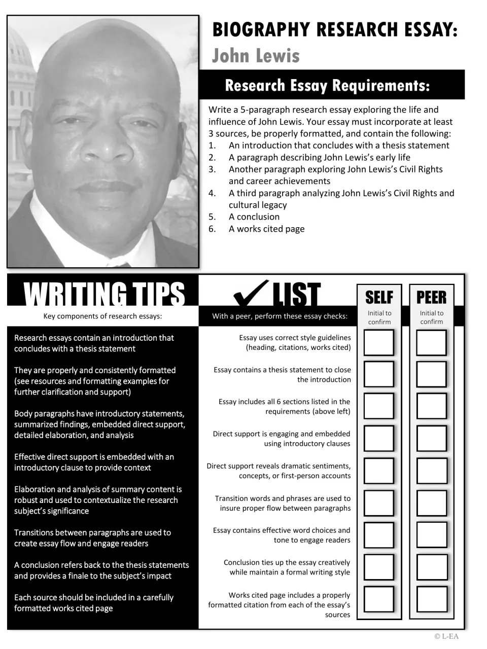 John Lewis essay requirements in grayscale: 5 paragraphs, 3 sources, writing tips and a checklist students initial
