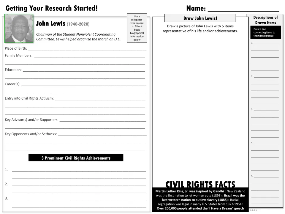 Grayscale research starter: students note family, career, advisors and setbacks, then draw Lewis with 5 items