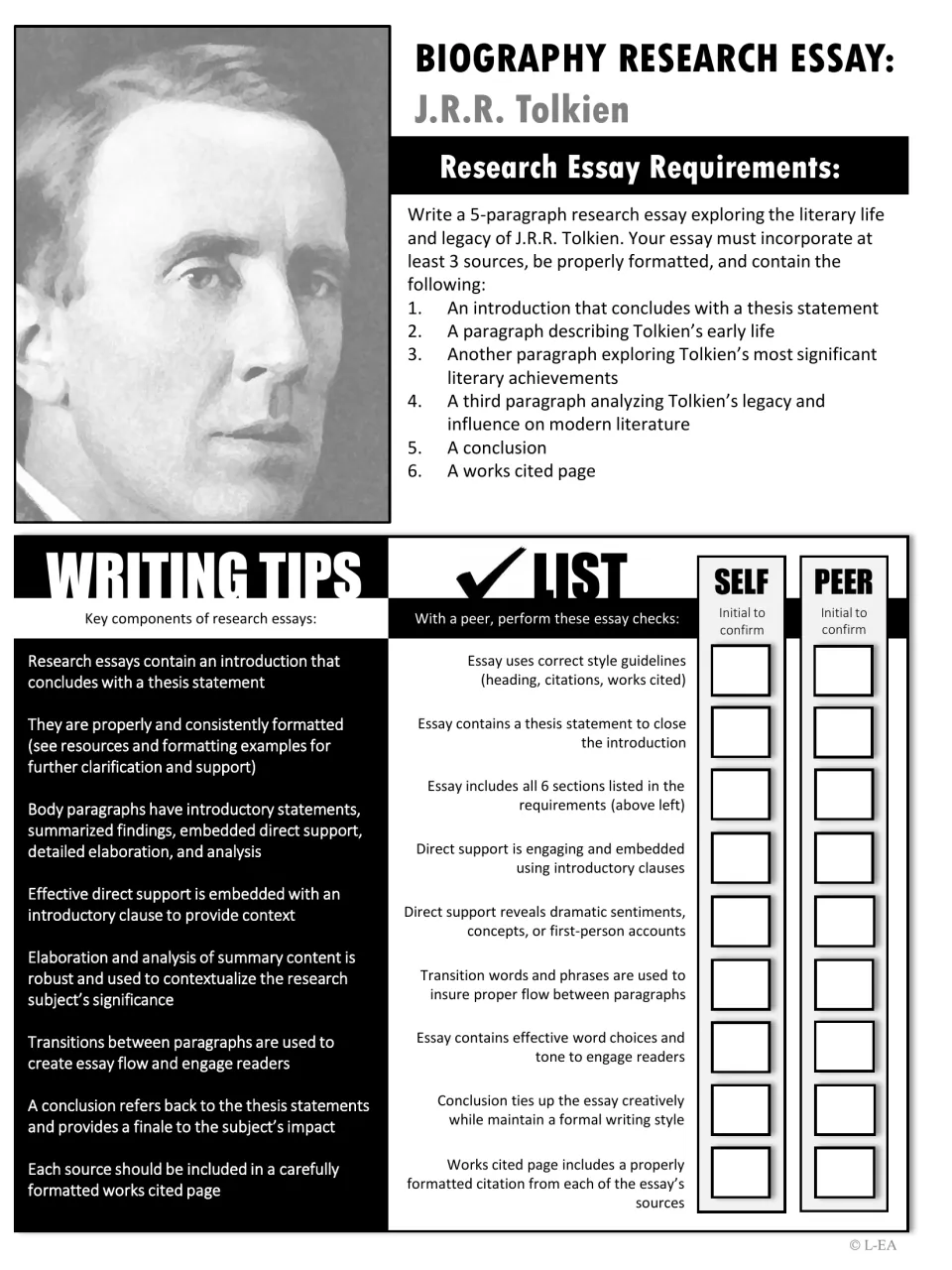 Black-and-white copy of the essay requirements, writing tips and the self and peer checklist for Tolkien's biography essay