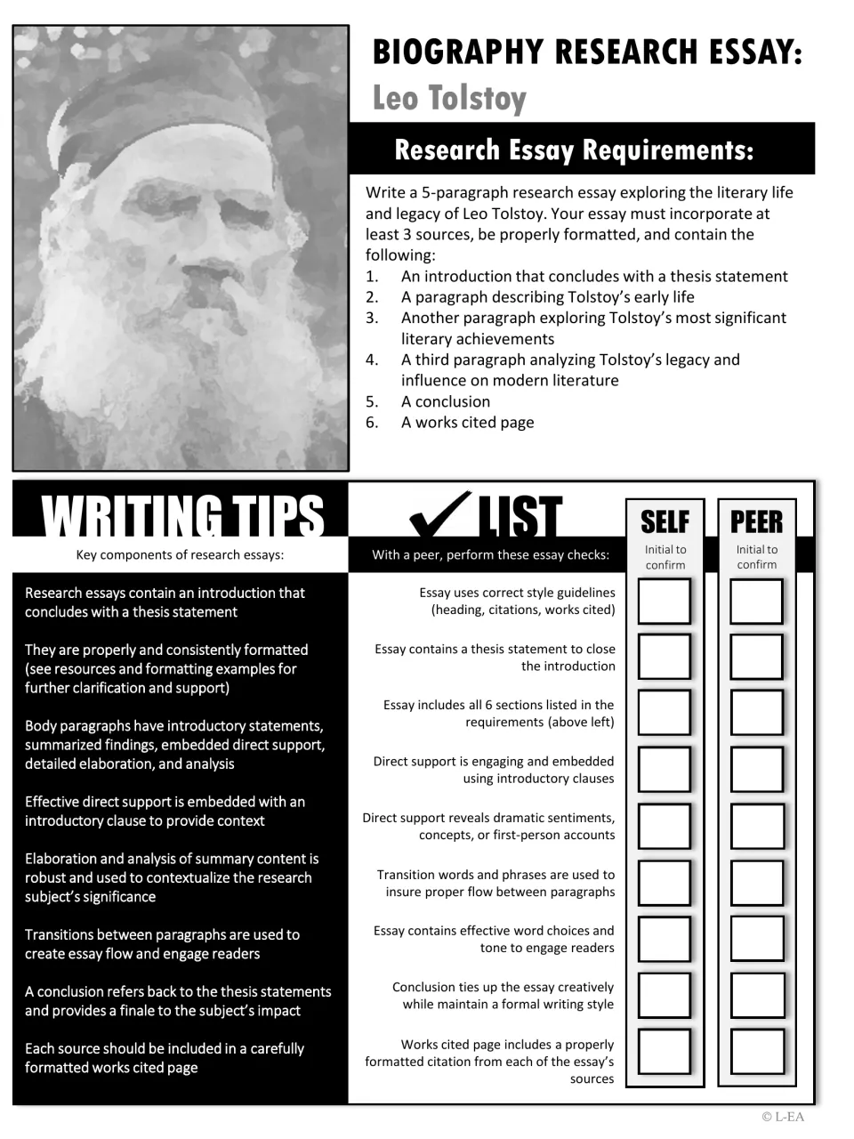 Tolstoy essay requirements, grayscale: 6 required sections, writing tips and a self and peer revision checklist