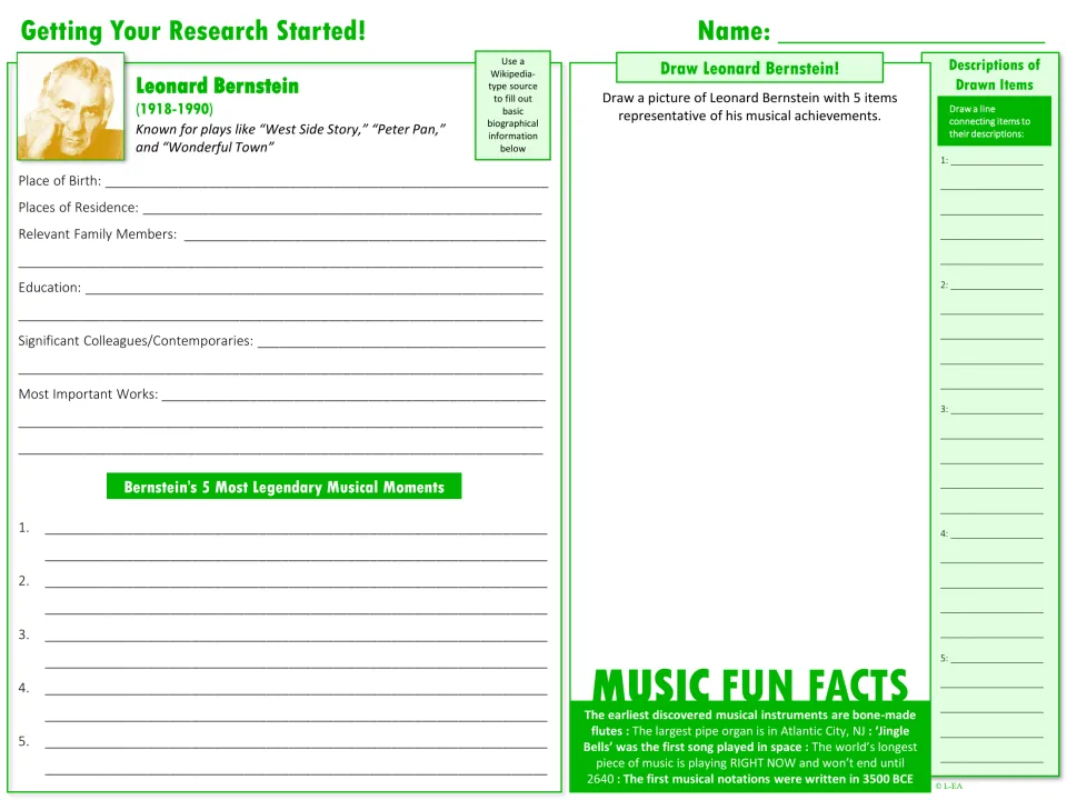 Bernstein research starter: students record birthplace, education and key works, list 5 musical moments and draw him