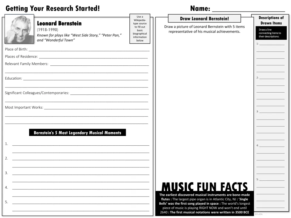 Black-and-white research starter: students fill in Bernstein's biography, list 5 legendary moments and sketch 5 linked items