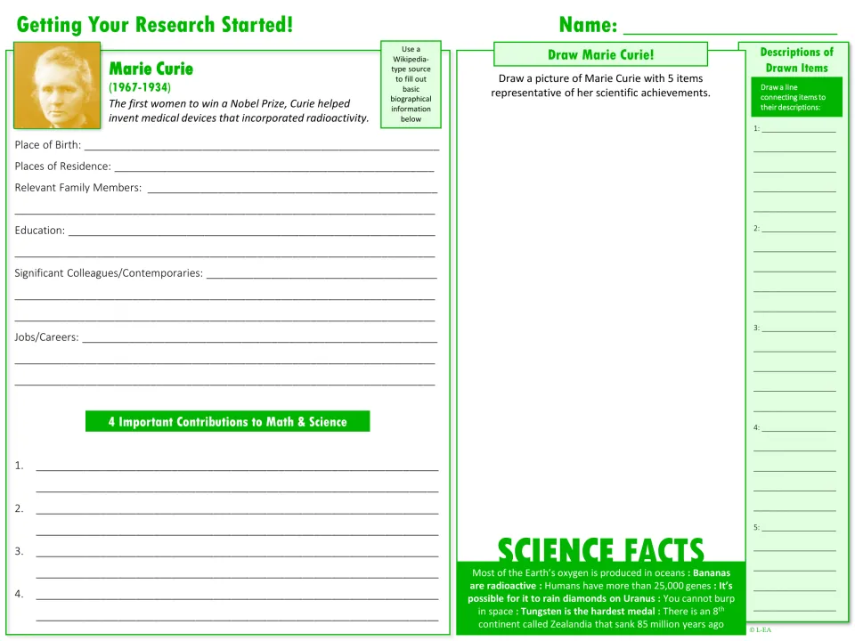 Marie Curie research starter asks for biographical facts, four contributions, and a drawing with five items