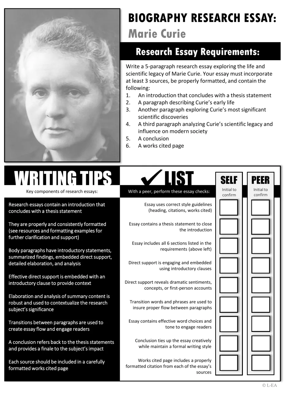 Black-and-white Marie Curie essay directions require five paragraphs and three sources, with self and peer checks