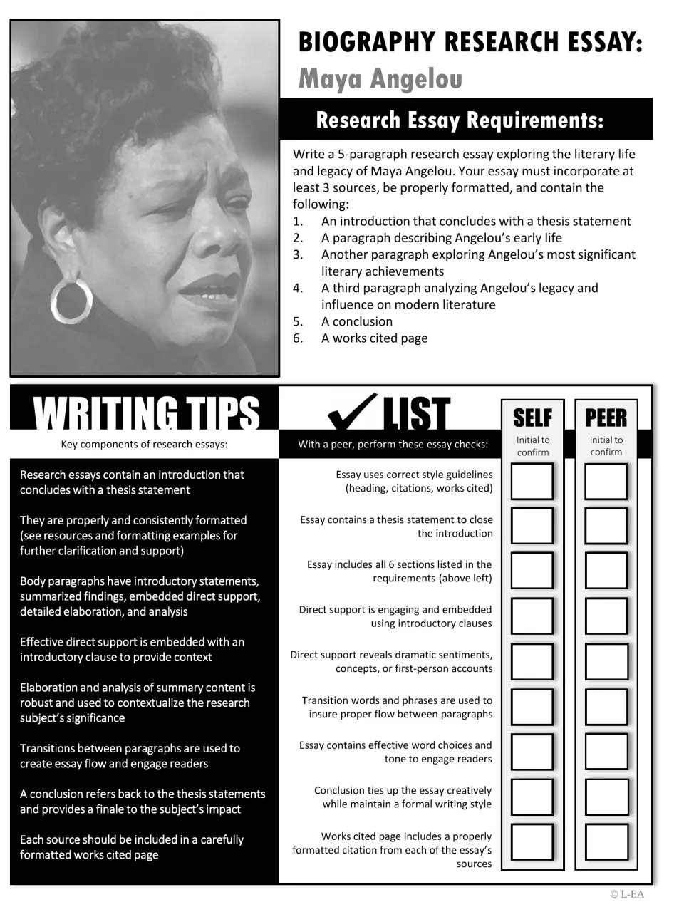 Black-and-white essay requirements: Angelou's photo, 6 required sections, writing tips and a self and peer checklist