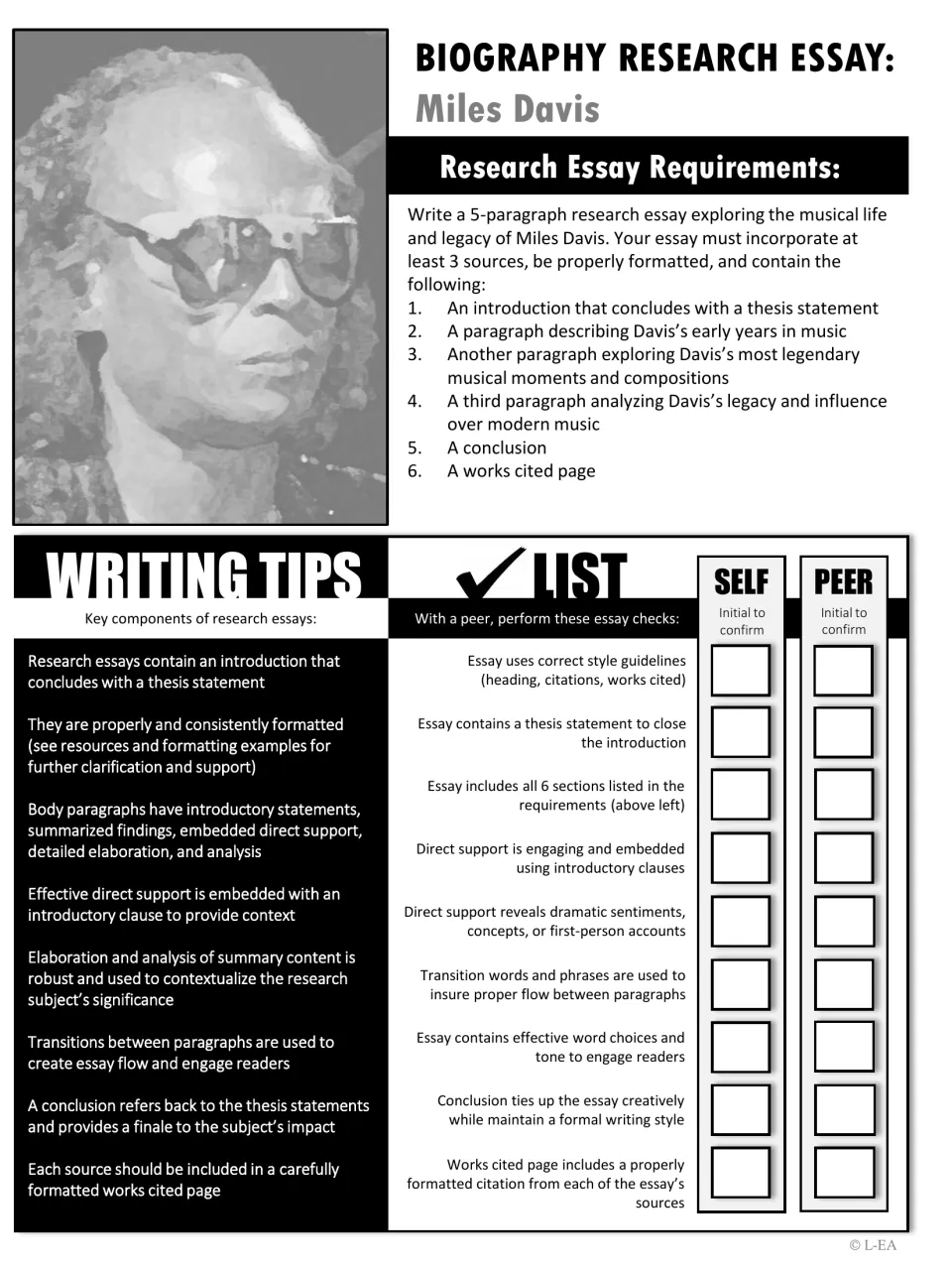 Black-and-white Miles Davis essay directions require five paragraphs and three sources, with review checks