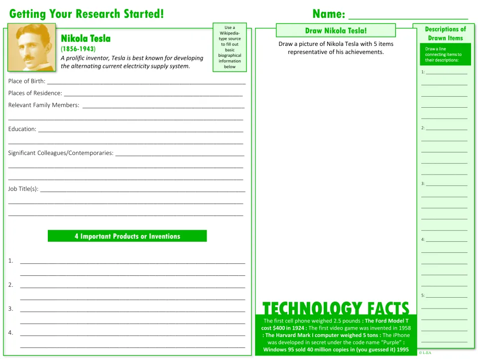 Tesla research starter asks for biographical facts, four inventions, and a drawing with five achievement items