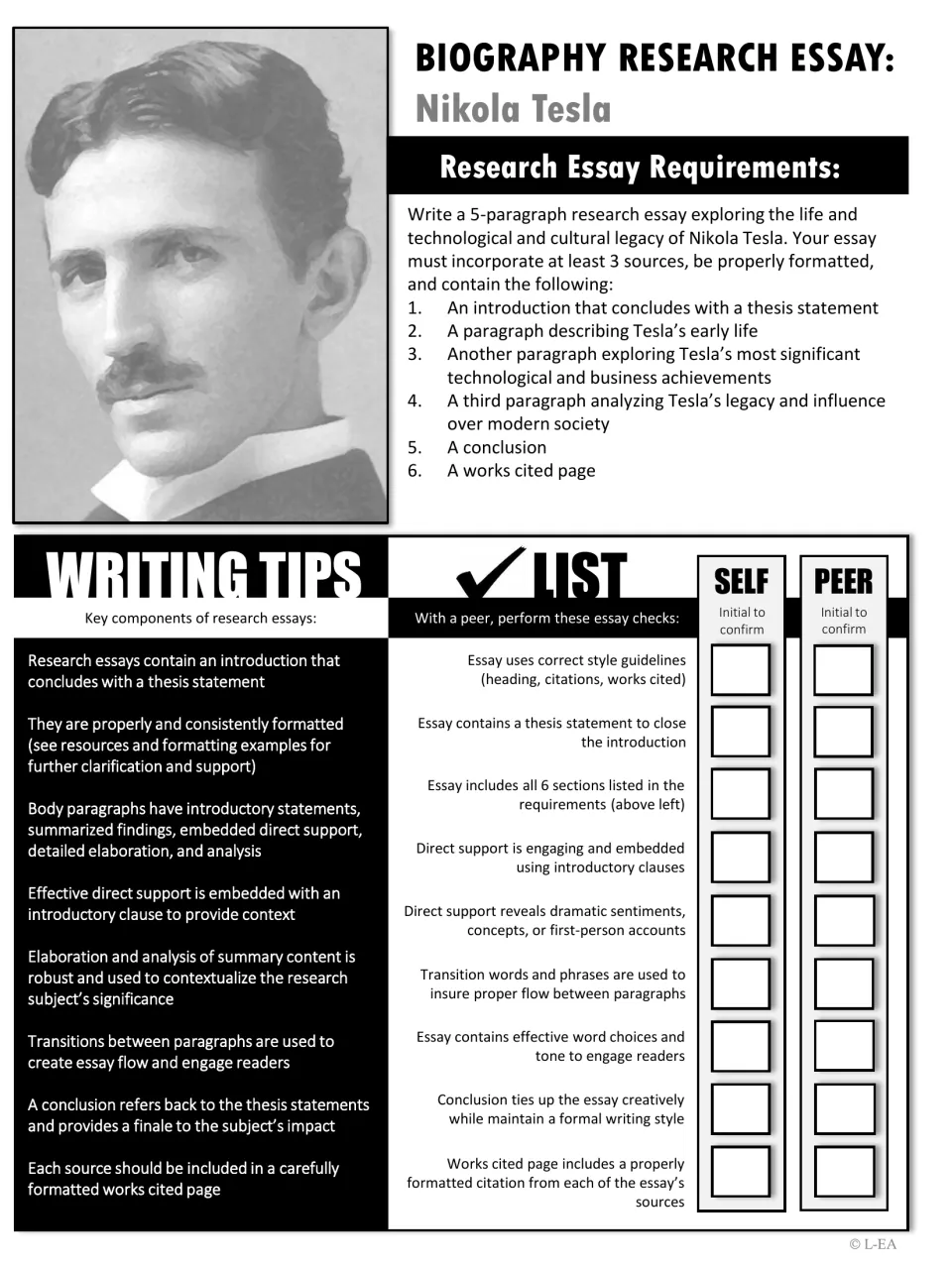 Black-and-white Tesla essay directions require five paragraphs and three sources, with a review checklist