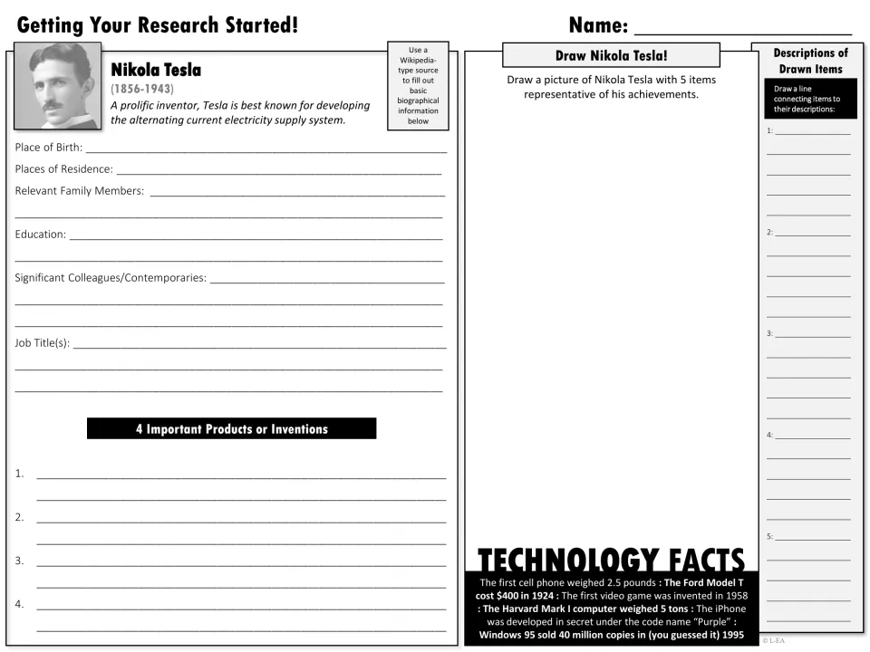 Black-and-white Tesla research starter covers biography, four inventions, and a drawing of five achievement items