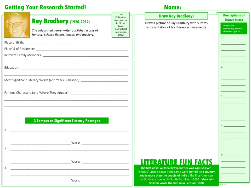 Starting Bradbury research: students record birthplace, works and characters, copy 3 passages and draw him with 5 items