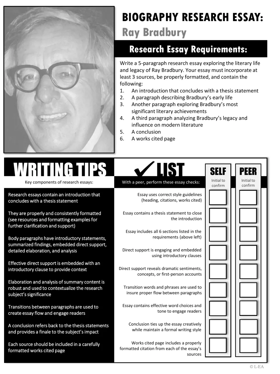 Black-and-white Bradbury research essay requirements with writing tips and the self and peer initial checklist