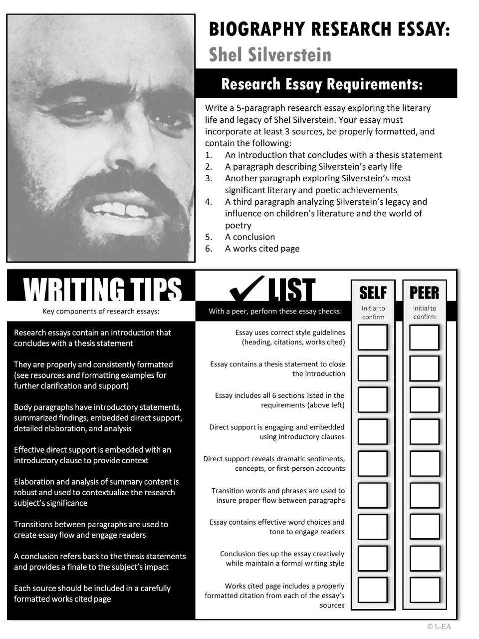 Grayscale essay requirements sheet: 6 required parts, writing tips and a self and peer revision checklist