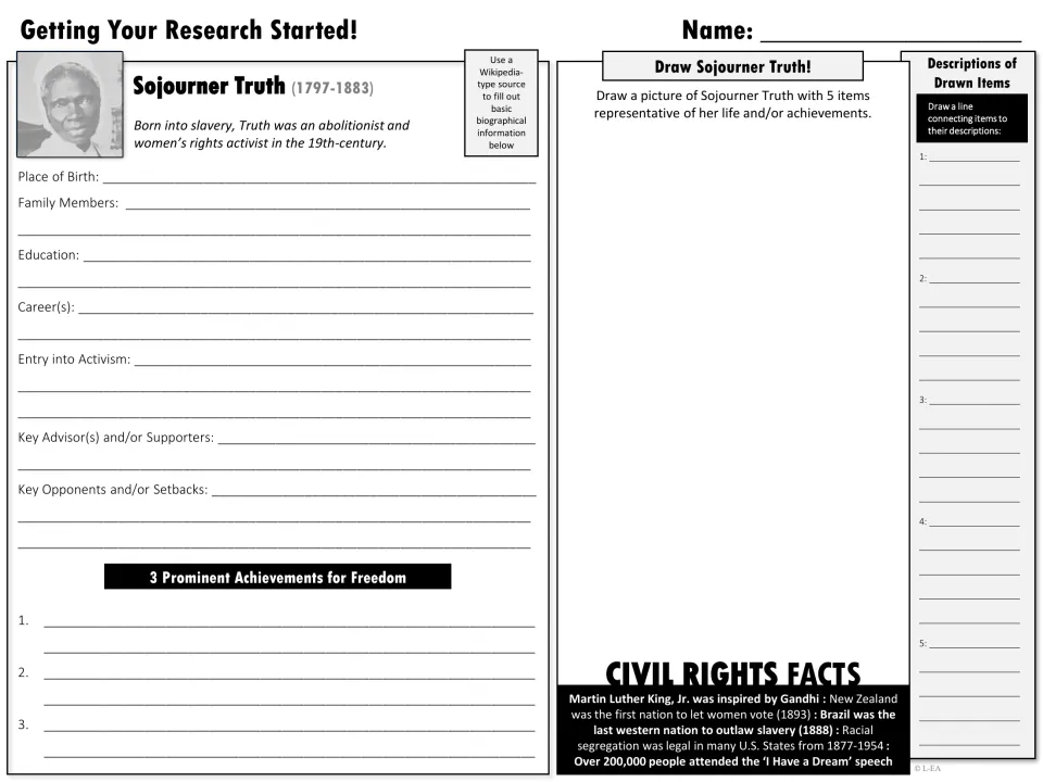 Black-and-white Sojourner Truth research starter collects life facts and asks for five drawn items to describe