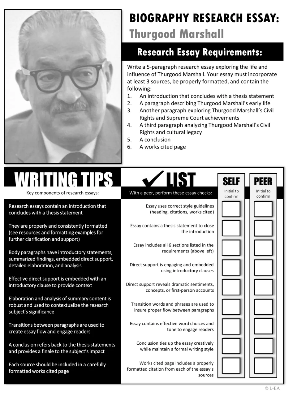 Grayscale essay requirements on Thurgood Marshall: six required sections, research writing tips and a self/peer checklist