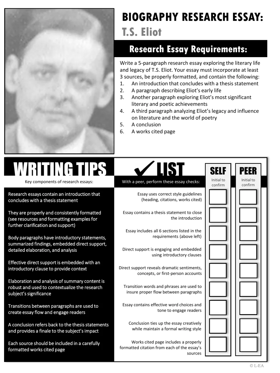 Black-and-white copy of the Eliot essay requirements, writing tips and self and peer checklist for printing