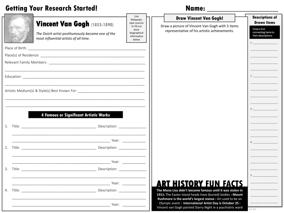 Black-and-white Van Gogh research starter: students note his life facts and 4 famous works, then draw him with 5 items