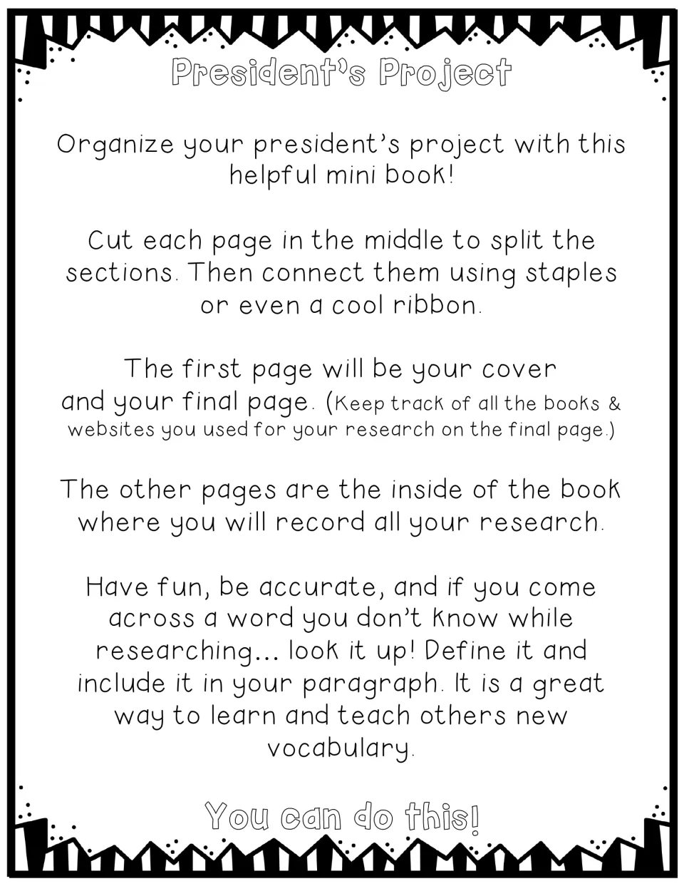 President research mini book instructions for cutting, binding, recording sources, and defining new words