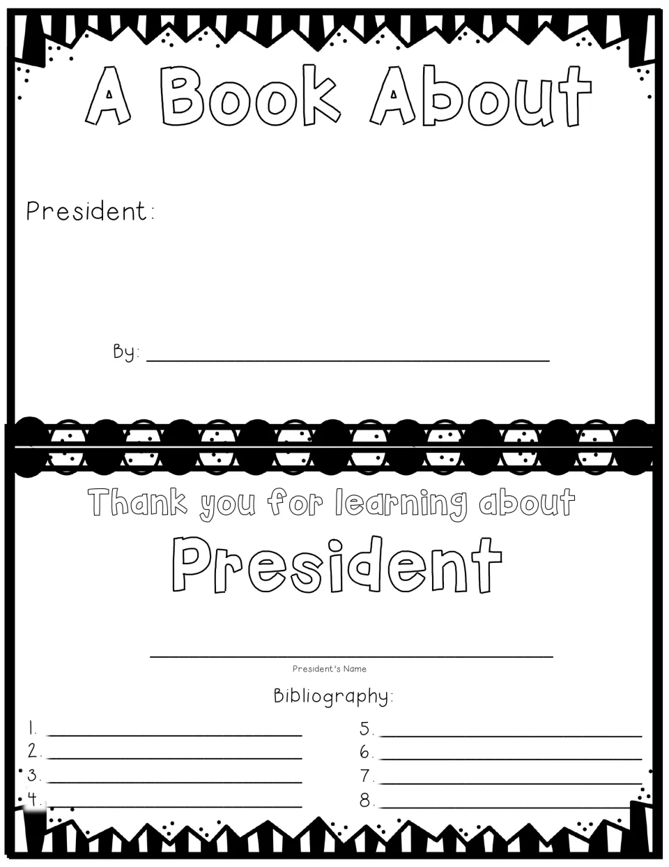President research mini book cover labeled 'A Book About' and final bibliography page for eight sources