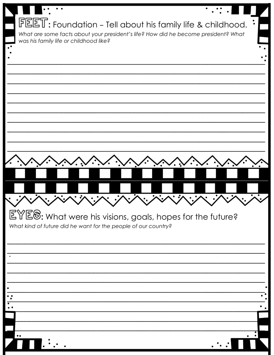 President research mini book sections Feet and Eyes ask about childhood, family life, and future goals