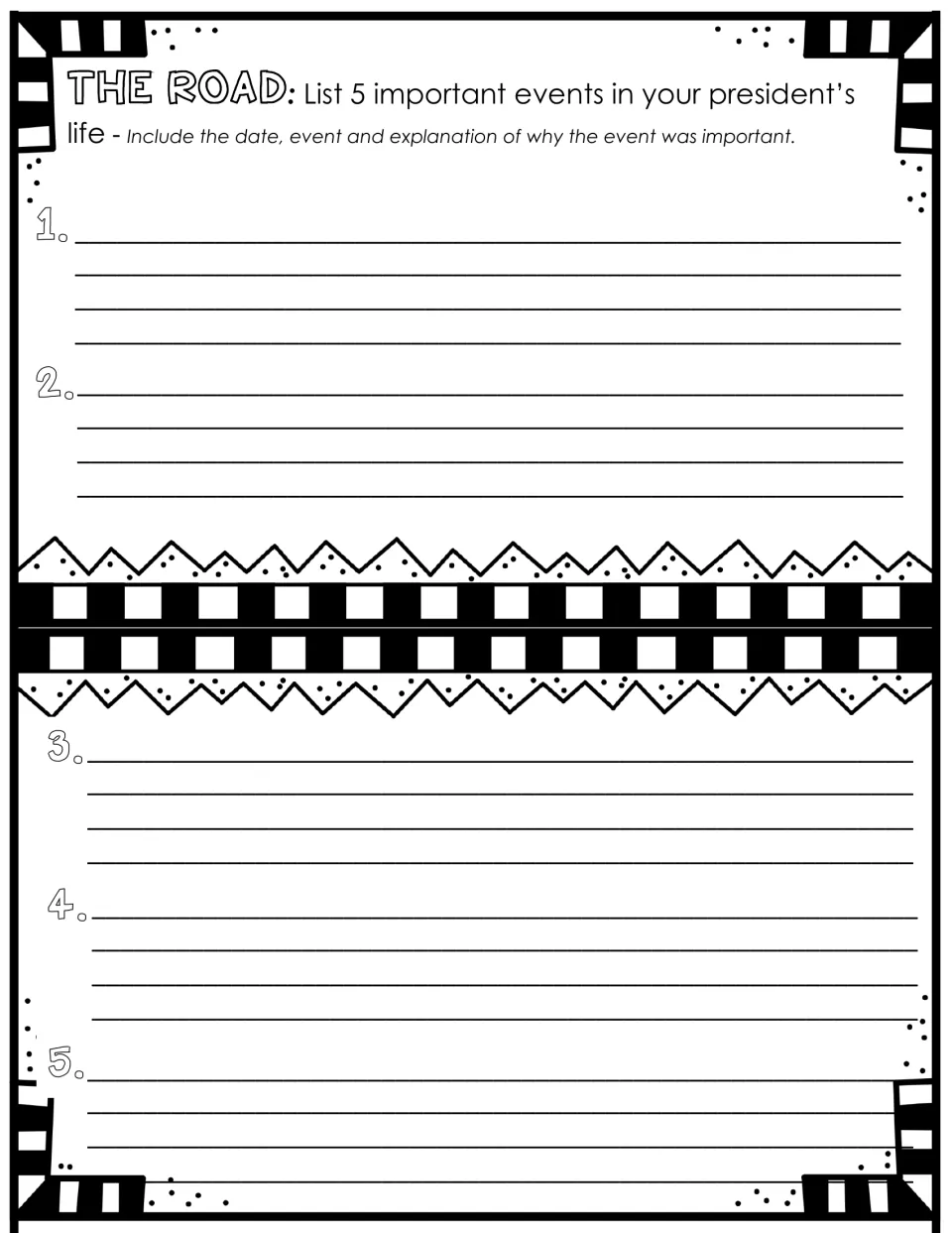 President research mini book section The Road asks for five life events, their dates, and why they mattered