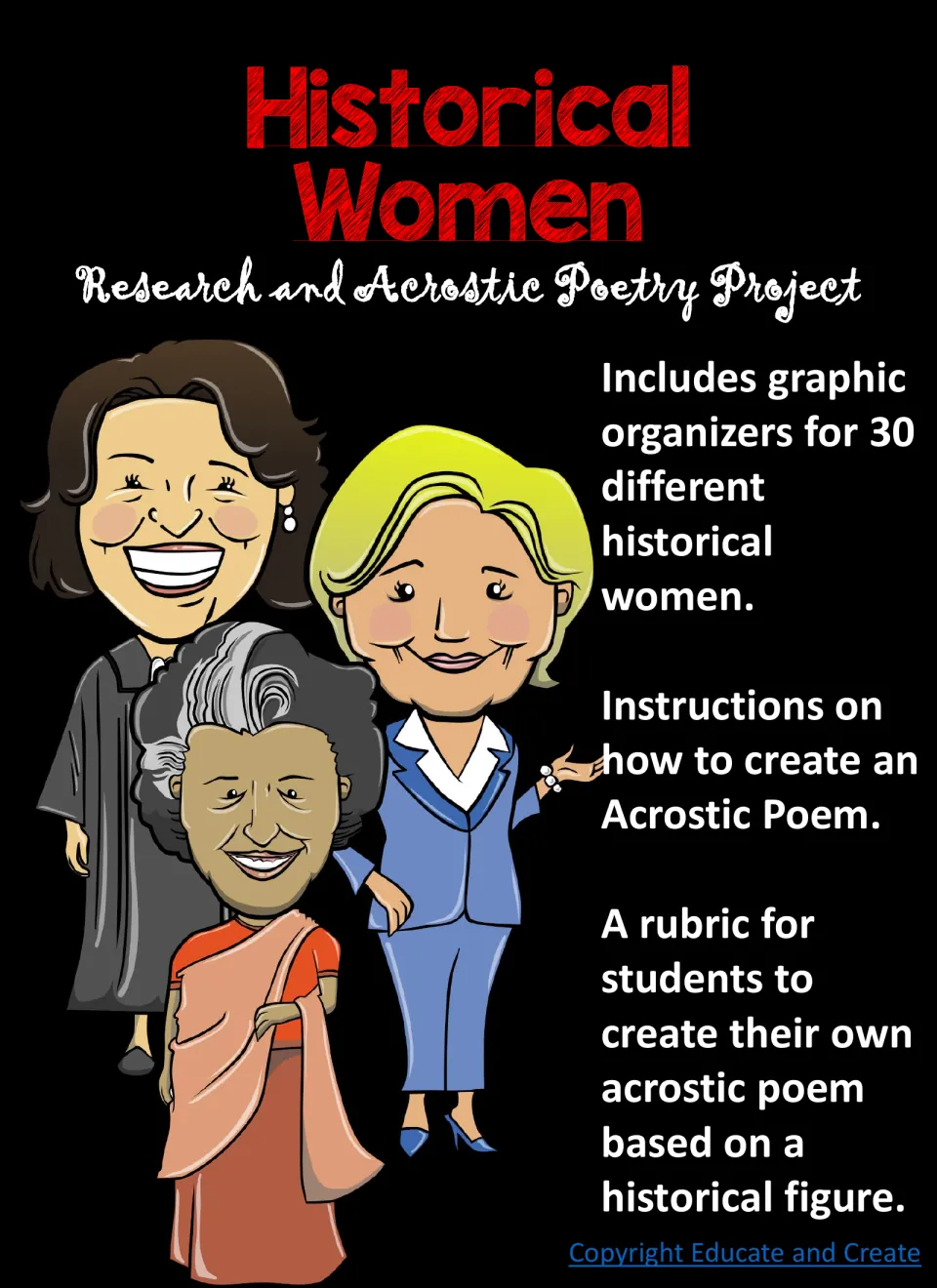 Historical Women cover: research and acrostic poetry project with organizers for 30 women, poem instructions and a rubric