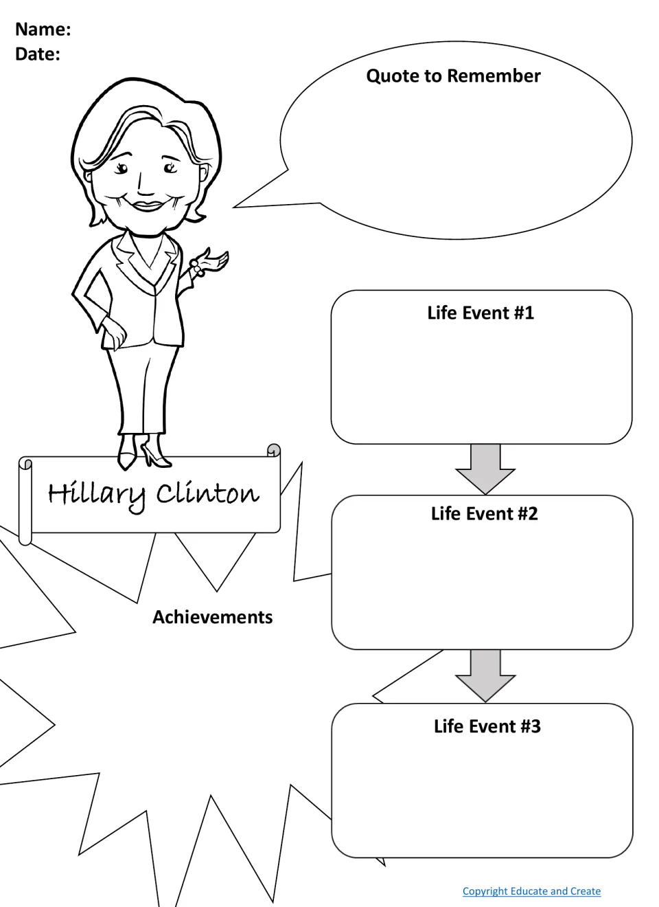 Hillary Clinton biography organizer: students record a quote, three life events in order and her achievements