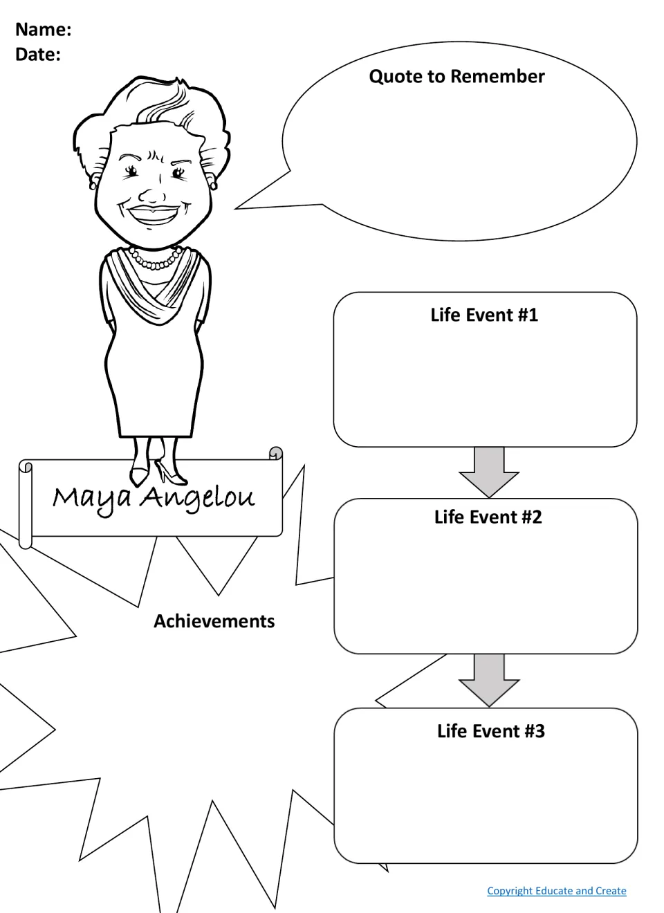 Maya Angelou biography organizer: students research a memorable quote, her achievements and three key life events