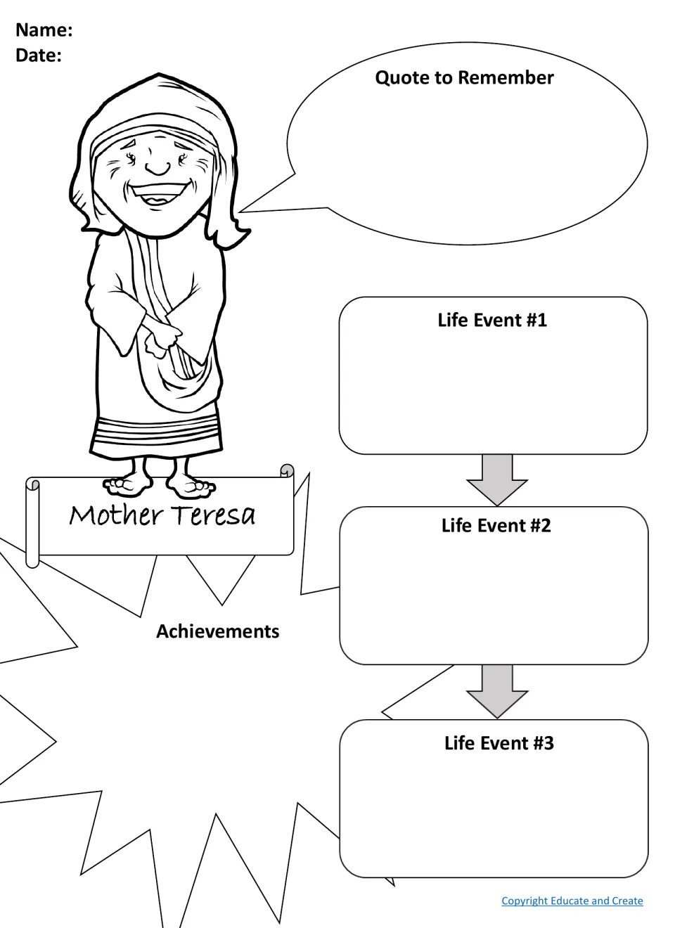 Mother Teresa research organizer: students write a quote to remember, list achievements and sequence three life events