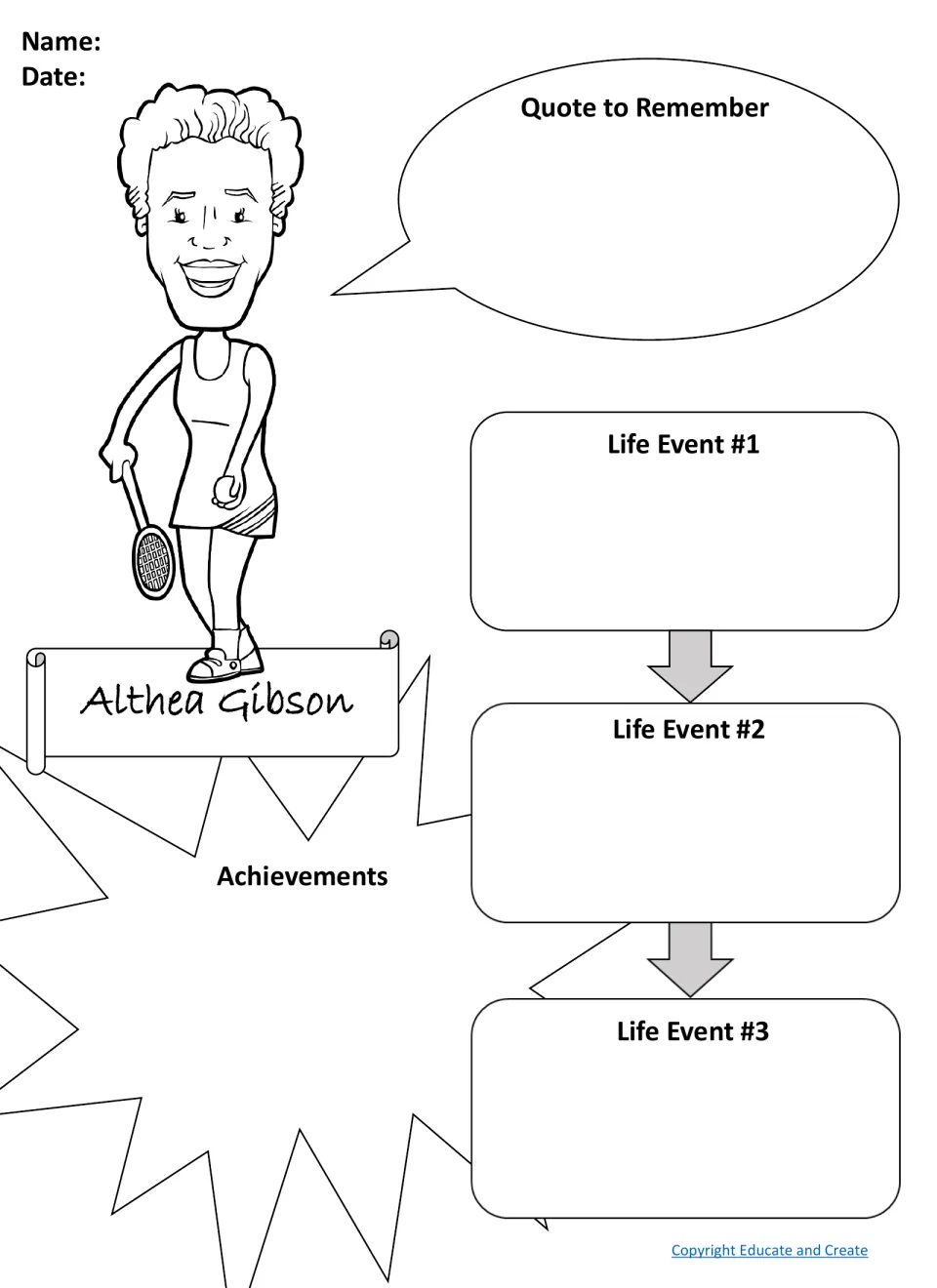 Althea Gibson research page: students find a quote to remember, trace three life events and list her achievements