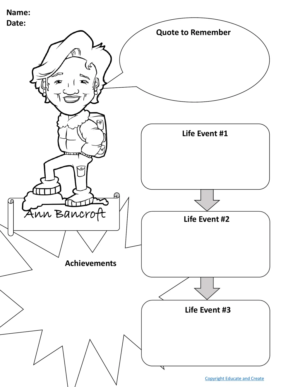 Ann Bancroft biography organizer: students record a quote, her achievements and Life Events #1 to #3 in sequence