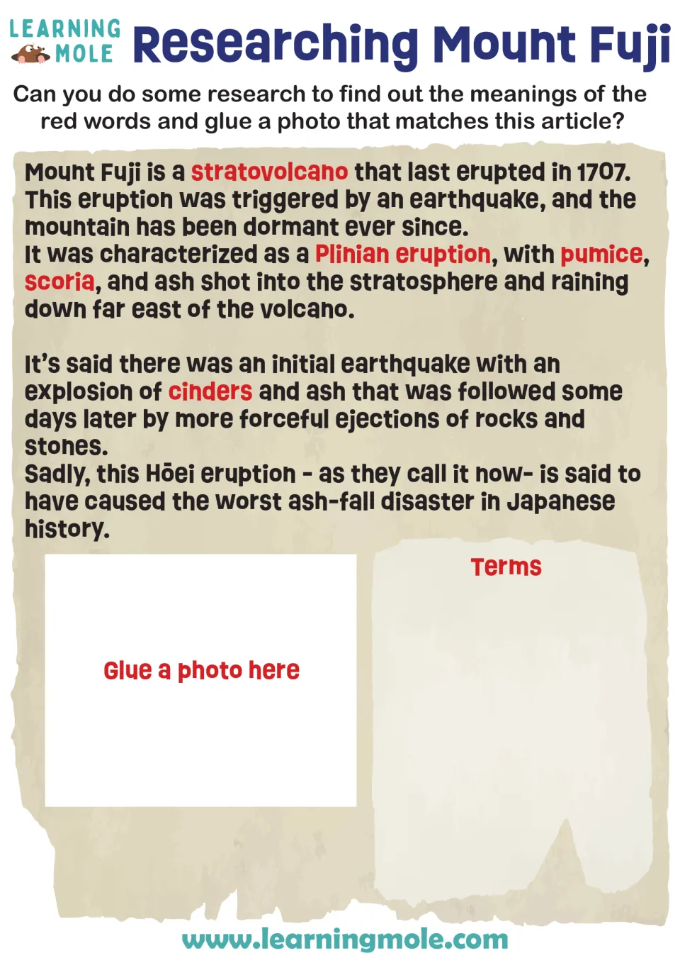 Mount Fuji 1707 eruption article: students research red vocabulary like stratovolcano and pumice, then add a photo