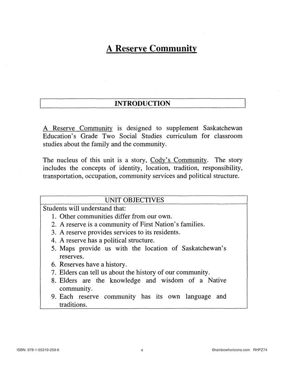 Unit introduction and nine objectives covering reserve communities, services, leadership, maps and Elders