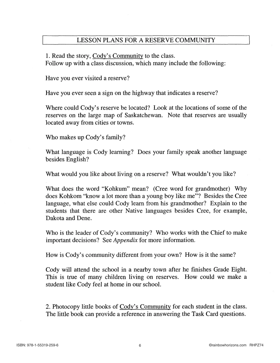 Opening lesson directions pair a story read-aloud with questions about Cody's family, language and community