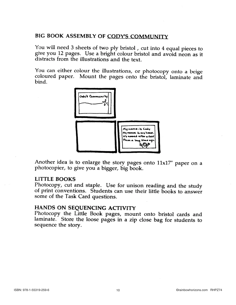 Assembly directions explain making the story's big book, student little books and loose sequencing pages