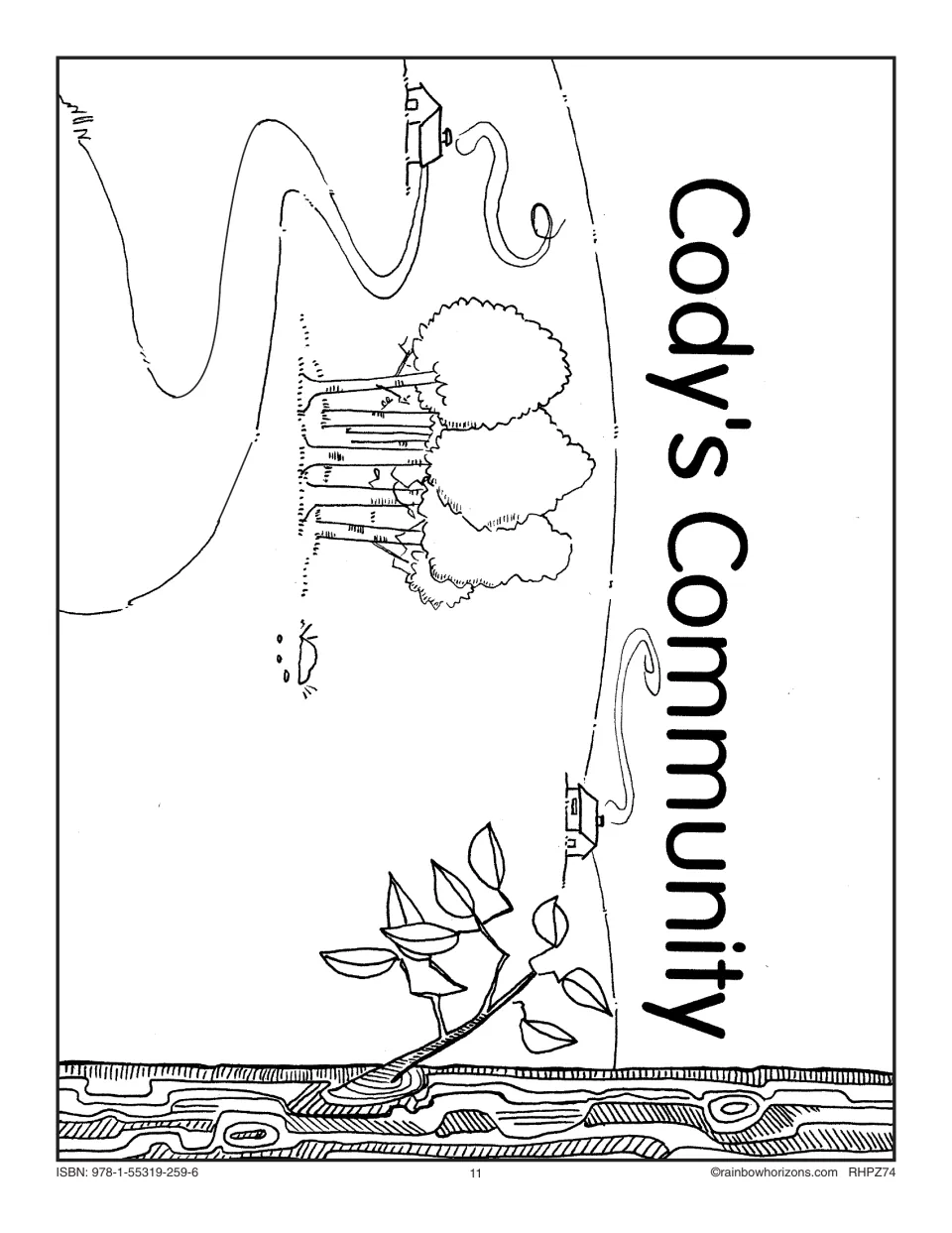 Cody's Community story cover for the unit's big book, illustrated with houses, trees and a winding road