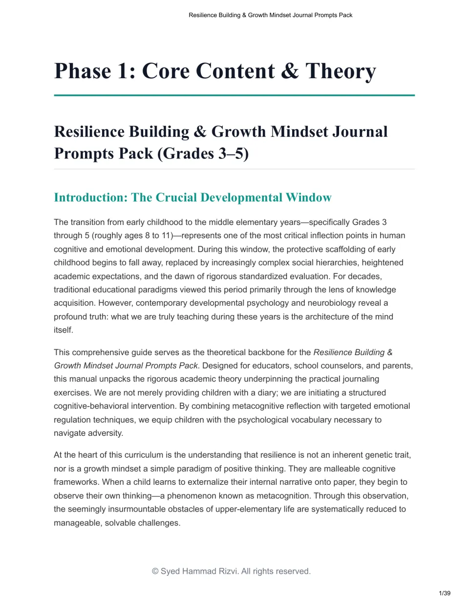 Phase 1 Core Content & Theory: introduction on Grades 3-5 as a crucial developmental window for metacognitive journaling