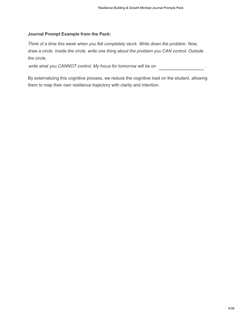 Sample prompt: students describe feeling stuck, then sort what they can and cannot control in a circle and name a focus