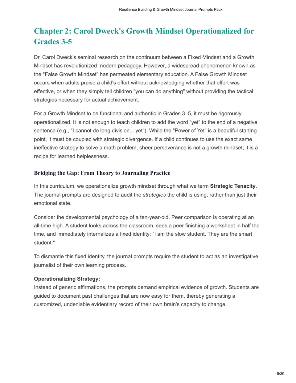 Chapter 2 on Carol Dweck's research: warns against false growth mindset and introduces Strategic Tenacity for Grades 3-5