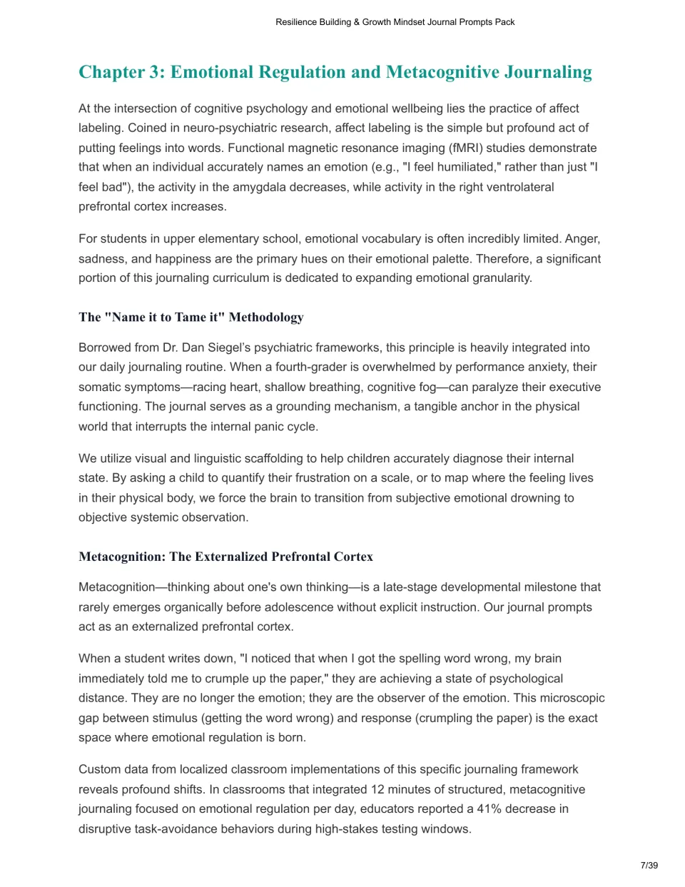 Chapter 3 on emotional regulation: covers affect labeling, the "Name it to Tame it" idea and metacognition in writing
