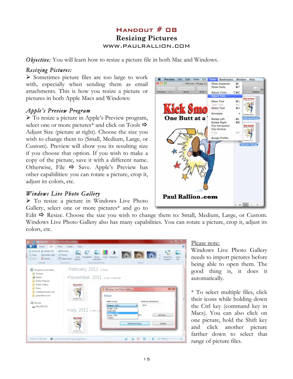 Handout 08 explains resizing pictures in Apple’s Preview and Windows Live Photo Gallery, with screenshots
